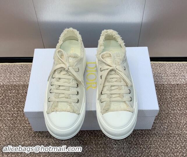 Buy Luxury Dior Walk'n'Dior Platform Sneakers in Pale Beige Fringed and Embroidered Cotton Canvas 930050