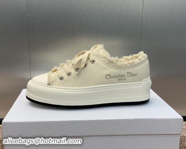 Buy Luxury Dior Walk'n'Dior Platform Sneakers in Pale Beige Fringed and Embroidered Cotton Canvas 930050