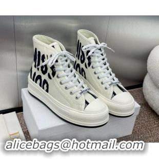 Leisure Dior Miss Dior Walk'n'Dior High-Top Platform Sneakers in White and Black Embroidered Cotton 930052