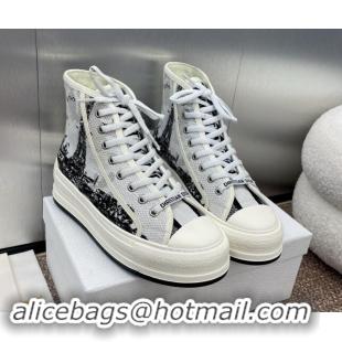 Best Grade Dior Walk'n'Dior High-Top Platform Sneakers in Cotton Embroidered with White and Black New York Motif 930053