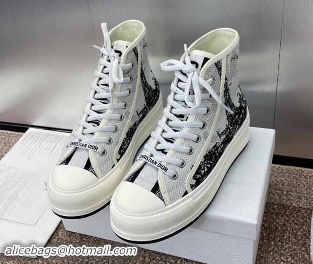 Best Grade Dior Walk'n'Dior High-Top Platform Sneakers in Cotton Embroidered with White and Black New York Motif 930053