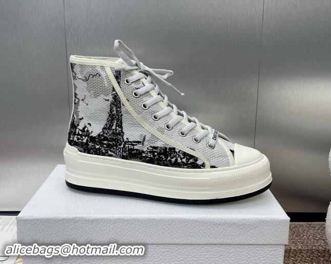 Best Grade Dior Walk'n'Dior High-Top Platform Sneakers in Cotton Embroidered with White and Black New York Motif 930053