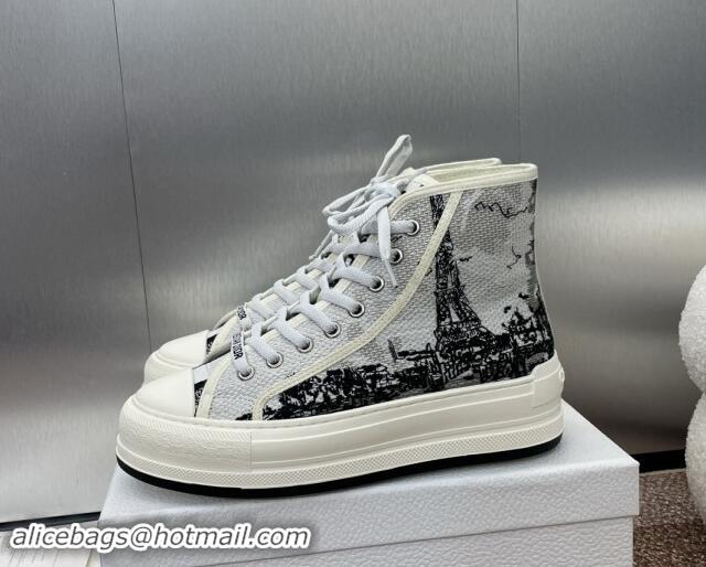 Best Grade Dior Walk'n'Dior High-Top Platform Sneakers in Cotton Embroidered with White and Black New York Motif 930053