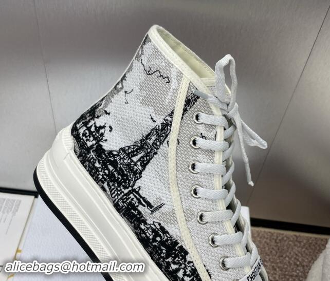 Best Grade Dior Walk'n'Dior High-Top Platform Sneakers in Cotton Embroidered with White and Black New York Motif 930053