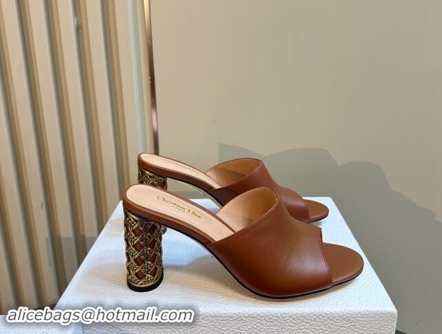 Luxury Cheap Dior Icon Heeled Slides Sandal 9.5cm in Calfskin Brown 930060