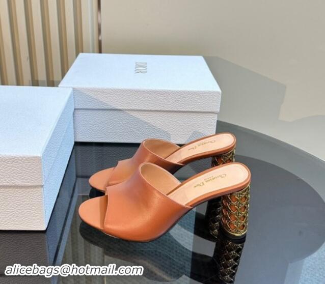 Luxury Cheap Dior Icon Heeled Slides Sandal 9.5cm in Calfskin Brown 930060