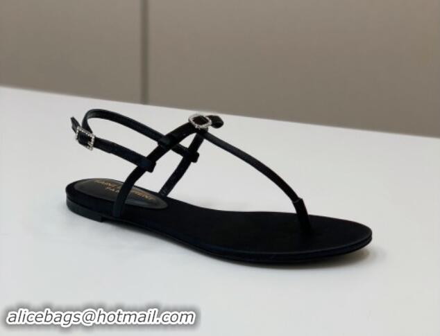 Sophisticated Saint Laurent Satin Flat Thong Sandals with Strass Bow Black 506113