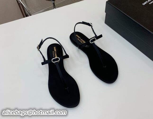 Sophisticated Saint Laurent Satin Flat Thong Sandals with Strass Bow Black 506113