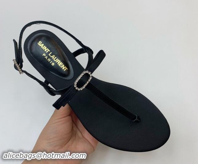 Sophisticated Saint Laurent Satin Flat Thong Sandals with Strass Bow Black 506113