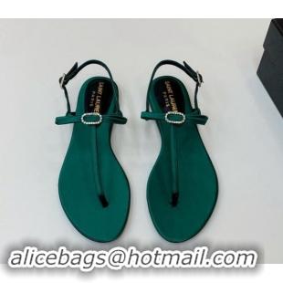 Duplicate Saint Laurent Satin Flat Thong Sandals with Strass Bow Green 506114