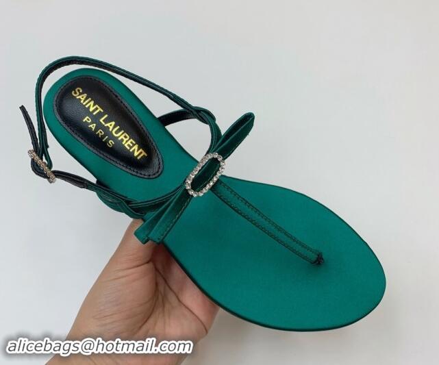 Duplicate Saint Laurent Satin Flat Thong Sandals with Strass Bow Green 506114