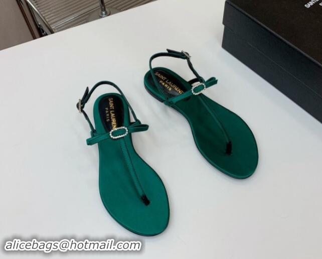 Duplicate Saint Laurent Satin Flat Thong Sandals with Strass Bow Green 506114