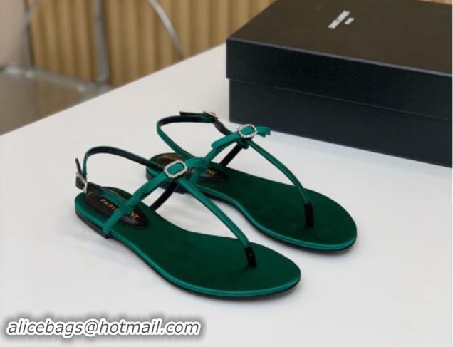 Duplicate Saint Laurent Satin Flat Thong Sandals with Strass Bow Green 506114