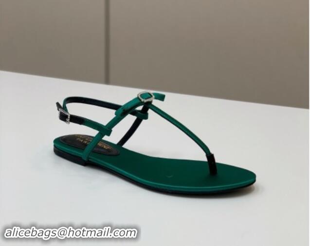 Duplicate Saint Laurent Satin Flat Thong Sandals with Strass Bow Green 506114