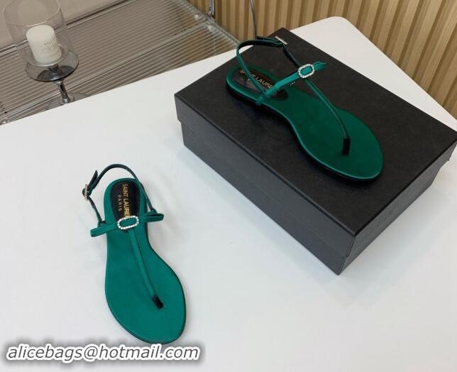 Duplicate Saint Laurent Satin Flat Thong Sandals with Strass Bow Green 506114