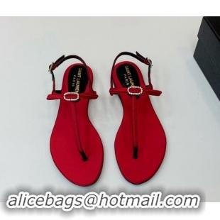 Low Price Saint Laurent Satin Flat Thong Sandals with Strass Bow Red 506115