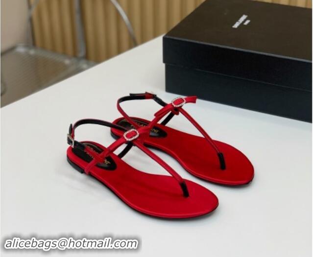 Low Price Saint Laurent Satin Flat Thong Sandals with Strass Bow Red 506115