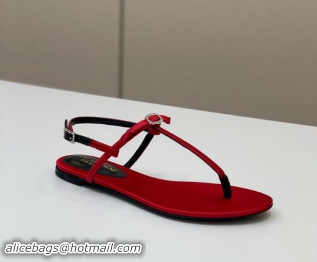 Low Price Saint Laurent Satin Flat Thong Sandals with Strass Bow Red 506115