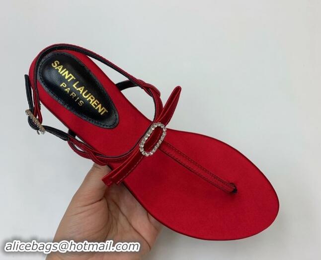 Low Price Saint Laurent Satin Flat Thong Sandals with Strass Bow Red 506115