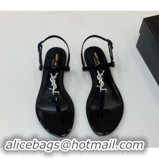 Hot Style Saint Laurent YSL Flat Thong Sandals in Black Patent Leather with Strass 506116