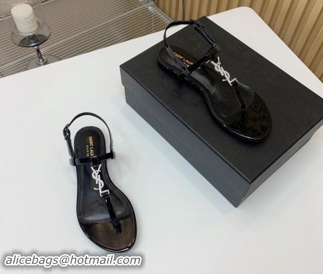 Hot Style Saint Laurent YSL Flat Thong Sandals in Black Patent Leather with Strass 506116