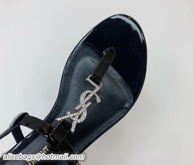 Hot Style Saint Laurent YSL Flat Thong Sandals in Black Patent Leather with Strass 506116