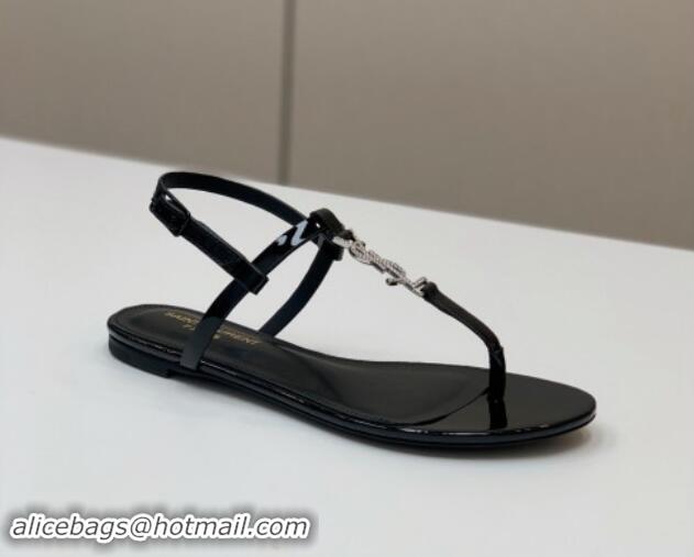 Hot Style Saint Laurent YSL Flat Thong Sandals in Black Patent Leather with Strass 506116