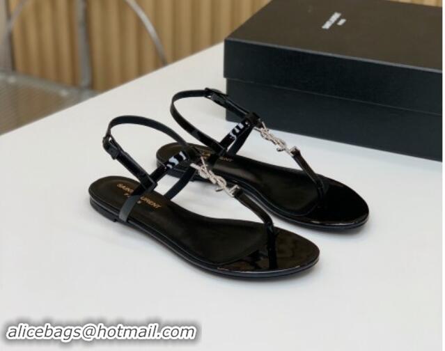 Hot Style Saint Laurent YSL Flat Thong Sandals in Black Patent Leather with Strass 506116