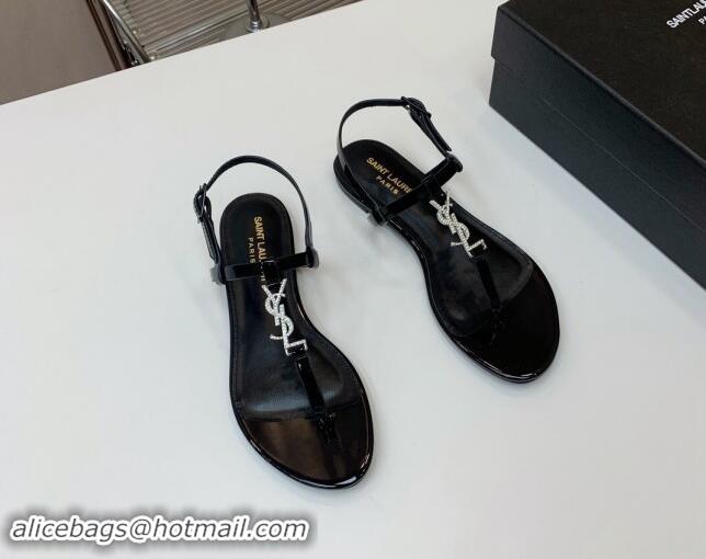 Hot Style Saint Laurent YSL Flat Thong Sandals in Black Patent Leather with Strass 506116