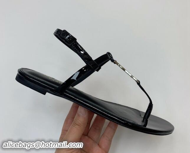 Hot Style Saint Laurent YSL Flat Thong Sandals in Black Patent Leather with Strass 506116