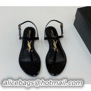 Stylish Saint Laurent YSL Flat Thong Sandals in Patent Leather Black/Gold 506117