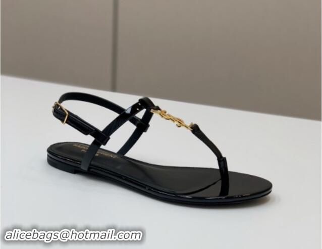 Stylish Saint Laurent YSL Flat Thong Sandals in Patent Leather Black/Gold 506117