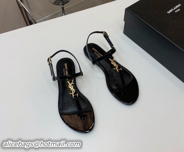 Stylish Saint Laurent YSL Flat Thong Sandals in Patent Leather Black/Gold 506117