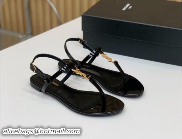 Stylish Saint Laurent YSL Flat Thong Sandals in Patent Leather Black/Gold 506117