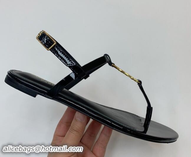 Stylish Saint Laurent YSL Flat Thong Sandals in Patent Leather Black/Gold 506117