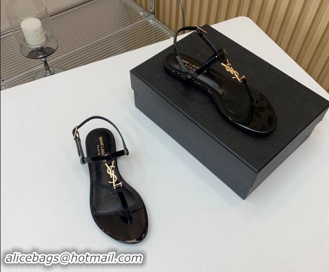 Stylish Saint Laurent YSL Flat Thong Sandals in Patent Leather Black/Gold 506117