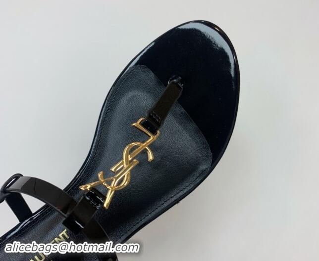 Stylish Saint Laurent YSL Flat Thong Sandals in Patent Leather Black/Gold 506117