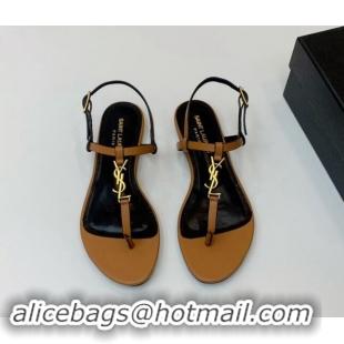 Perfect Saint Laurent YSL Flat Thong Sandals in Brown Calf Leather 506118