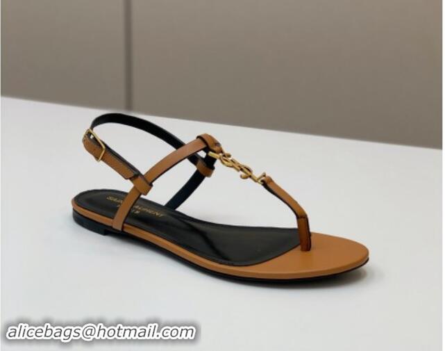 Perfect Saint Laurent YSL Flat Thong Sandals in Brown Calf Leather 506118