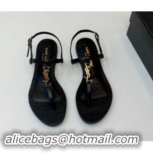 Good Product Saint Laurent YSL Flat Thong Sandals in Black Stone Embossed Leather 506119