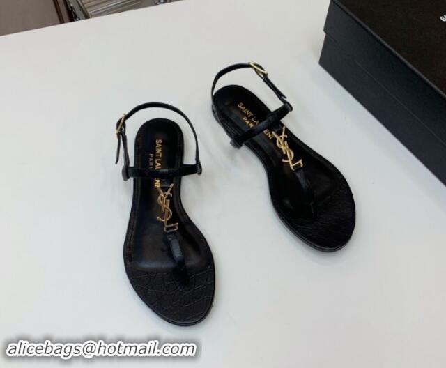 Good Product Saint Laurent YSL Flat Thong Sandals in Black Stone Embossed Leather 506119