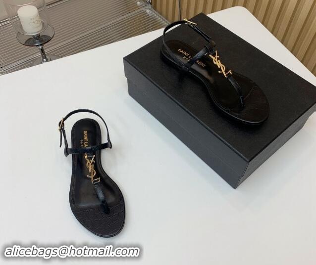 Good Product Saint Laurent YSL Flat Thong Sandals in Black Stone Embossed Leather 506119