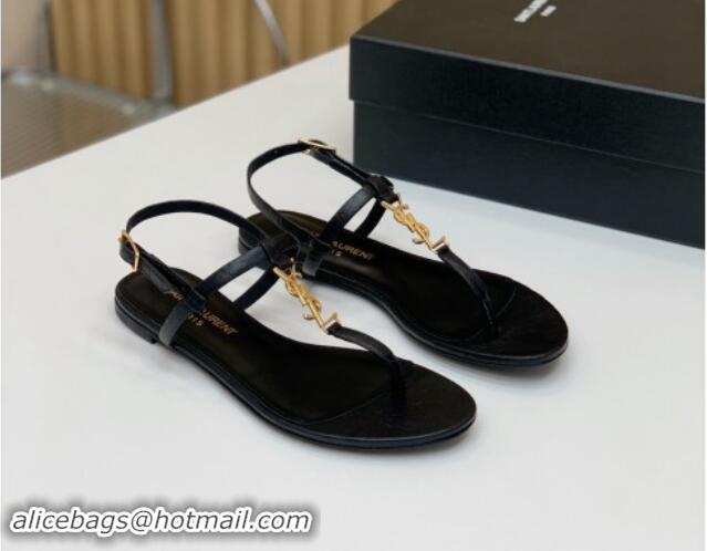 Good Product Saint Laurent YSL Flat Thong Sandals in Black Stone Embossed Leather 506119