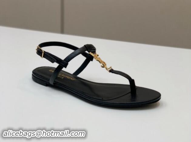 Good Product Saint Laurent YSL Flat Thong Sandals in Black Stone Embossed Leather 506119