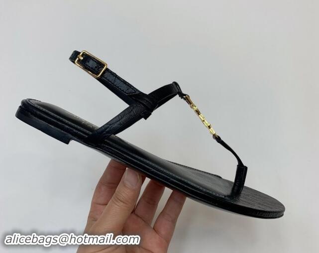 Good Product Saint Laurent YSL Flat Thong Sandals in Black Stone Embossed Leather 506119