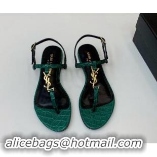 1:1 aaaaa Saint Laurent YSL Flat Thong Sandals in Green Stone Embossed Leather 506120