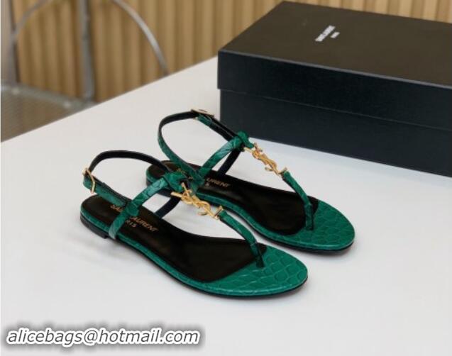 1:1 aaaaa Saint Laurent YSL Flat Thong Sandals in Green Stone Embossed Leather 506120