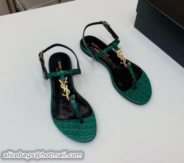 1:1 aaaaa Saint Laurent YSL Flat Thong Sandals in Green Stone Embossed Leather 506120