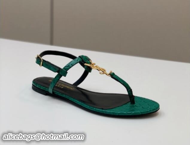 1:1 aaaaa Saint Laurent YSL Flat Thong Sandals in Green Stone Embossed Leather 506120