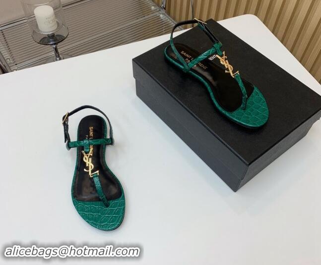 1:1 aaaaa Saint Laurent YSL Flat Thong Sandals in Green Stone Embossed Leather 506120